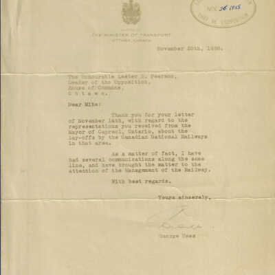 Letter from the Minister of Transport in Ottawa regarding the Canadian National Lay-Offs in 1958.