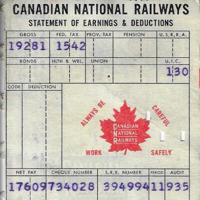 Canadian National Statement of Earnings and Deductions Belonging to Frank Mazzuca