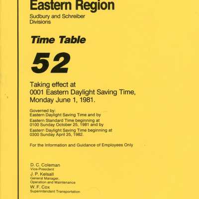 Employee Timetable, CPR, Eastern Region Timetable 52, June 1st, 1981.