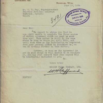 Letter from the Spruce Falls Company to the Superintendent for Canadian National, Cochrane Division