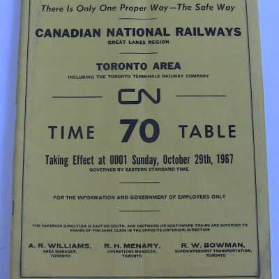 Canadian National Railway, Great Lakes Region, Toronto Area, Employees' Operating Timetable 70, Taking Effect at 0001, Sunday, October 29th, 1967
