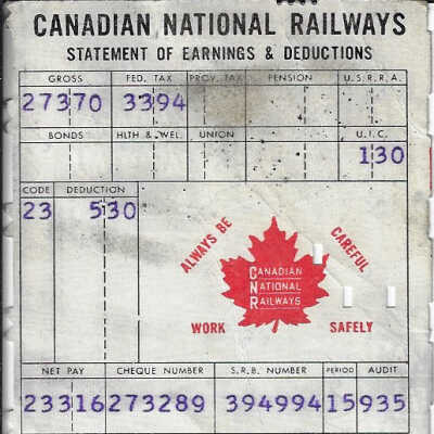 Canadian National Statement of Earnings and Deductions belonging to Frank Mazzuca