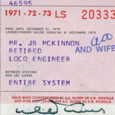 Canadian National Railways: Entire System Pass, J. B. McKinnon and Wife, 1971-1973