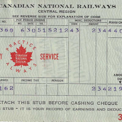 Canadian National Statement of Earnings and Deductions belonging to Frank Mazzuca