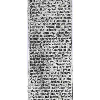 Document, Obituary, Mary Nepitt.