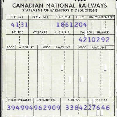 Canadian National Statement of Earnings and Deductions belonging to Frank Mazzuca