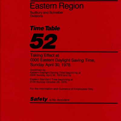 CP Rail Eastern Region (Sudbury and Schreiber) Timetable 52 for April 30 1978, effective 0001 EDST