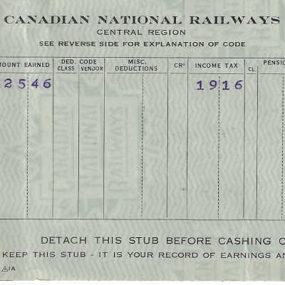 Canadian National Statement of Earnings and Deductions belonging to Frank Mazzuca