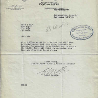 Letter from the Spruce Falls Company to the Superintendent for Canadian National, Cochrane Division in regards to a request for rail