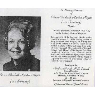 Document, Obituary, Veron Elizabeth Rankin Nepitt.