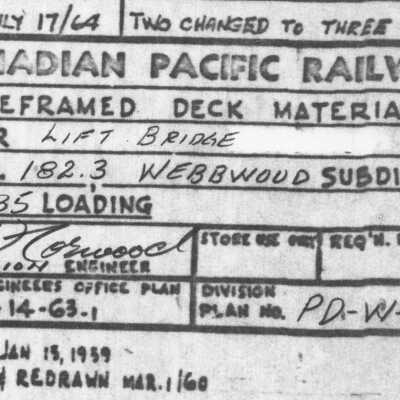 Document, Plan, Canadian Pacific Railway, Preframed Deck Material for Lift Bridge, Bridge 182.3, Webbwood Subdivision, E-35 Loading, January 15th 1959.