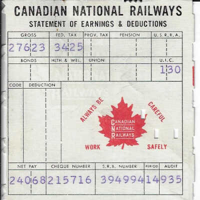 Canadian National Statement of Earnings and Deductions belonging to Frank Mazzuca