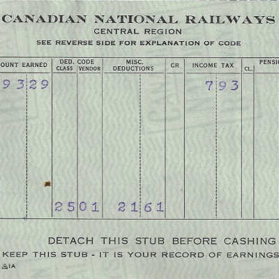 Canadian National Statement of Earnings and Deductions belonging to Frank Mazzuca