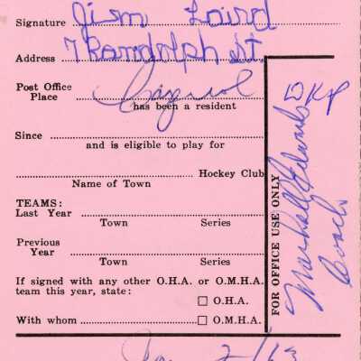Hockey Player's Registration Card belonging to Jim Laird
