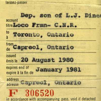 Document, Canadian National Railways pass, Kenneth Dine, Loco Fireman, Between Toronto and Capreol, August 20 1980 - January 1981.