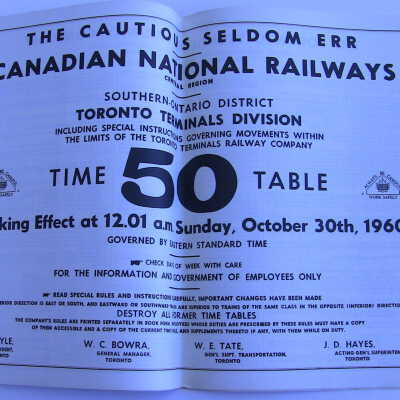 Canadian National Railway, Central Region, Southern-Ontario Area, Toronto Terminals Division, Timetable 50, Taking Effect at 12:01 am, Sunday, October 30th, 1960