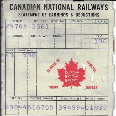 Canadian National Statement of Earnings and Deductions belonging to Frank Mazzuca