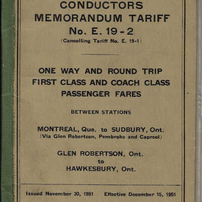 Canadian National Railways: Conductors Memorandum Tarrif No. E. 19-2: One Way and Round Trip First Class and Coach Class Passenger Fares