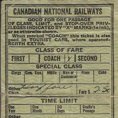 Canadian National: Coach Class Passenger Train Ticket, Capreol ON to Brent ON and back, 1956