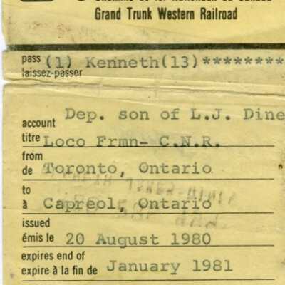 Document, Canadian National Railways pass, Kenneth Dine, Loco Fireman, Between Toronto and Capreol, August 20 1980-January 1981.