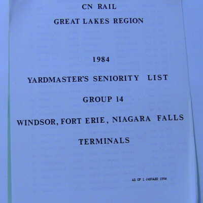 CN Rail Great Lakes Region Yardmaster's Seniority List, Group 14, Windsor, Fort Erie, Niagara Falls Terminals, January 1984