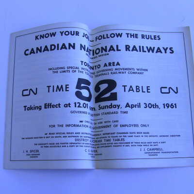 Canadian National Railway, Great Lakes Region, Toronto Area, Timetable 52, Taking Effect at 12:01 am, Sunday, April 30th, 1961