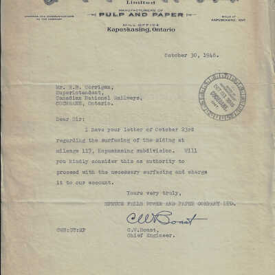 Letter from the Spruce Falls Company to the Superintendent for Canadian National, Cochrane Division regarding surfacing of siding