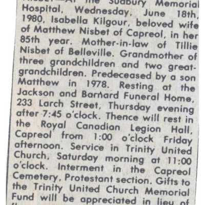 Document, Obituary, Isabella Kilgour Nisbet.
