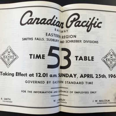 Timetable, Canadian Pacific 53 Eastern Region, April 25th 1965