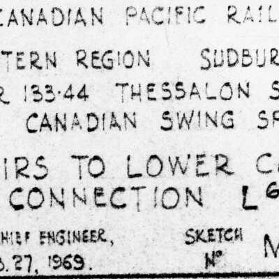 Document, Plan, Canadian Pacific Railway, Eastern Region, Sudbury Division, BR 133.44, Thessalon Subdivision, Canadian Swing Span, Repairs to Lower Chord at Connection L6, Montreal, February 27th 1969.