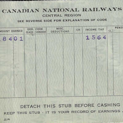 Canadian National Statement of Earnings and Deductions belonging to Frank Mazzuca