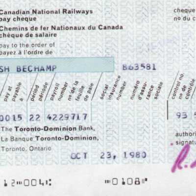 Document, Canadian National Railways Paycheque, SH Bechamp, October 23, 1983.