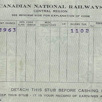 Canadian National Statement of Earnings and Deductions belonging to Frank Mazzuca
