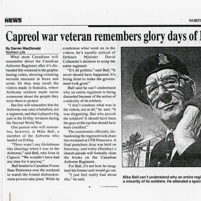 "Capreol War Veteran Remembers Glory Days of Petawawa Regiment" in Northern Life March 5, 1995 (Original Article)