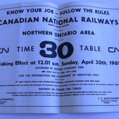 Canadian National Railway, Great Lakes Region, Northern Ontario Area, Timetable 30, Taking Effect at 12:01 am, Sunday, April 30th, 1961