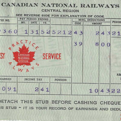 Canadian National Statement of Earnings and Deductions belonging to Frank Mazzuca
