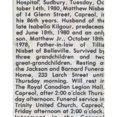Document, Obituary, Matthew Nisbet.