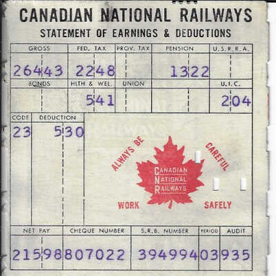 Canadian National Statement of Earnings and Deductions belonging to Frank Mazzuca