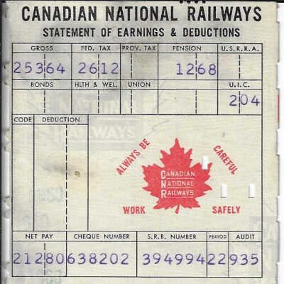 Canadian National Statement of Earnings and Deductions belonging to Frank Mazzuca