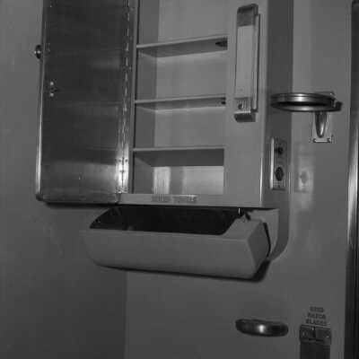 Photograph, Canadian National Railways (CNR) car - pharmacy compartment in bathroom.