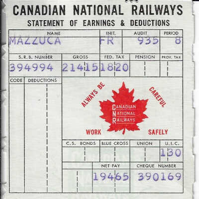 Canadian National Statement of Earnings and Deductions belonging to Frank Mazzuca