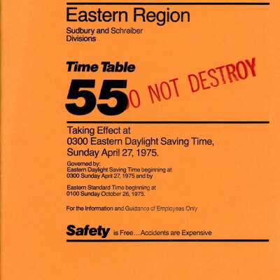 CP Rail Eastern Region (Sudbury and Schreiber) Timetable 55 for April 27 1975, effective 0001 EDST