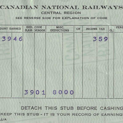 Canadian National Statement of Earnings and Deductions belonging to Frank Mazzuca
