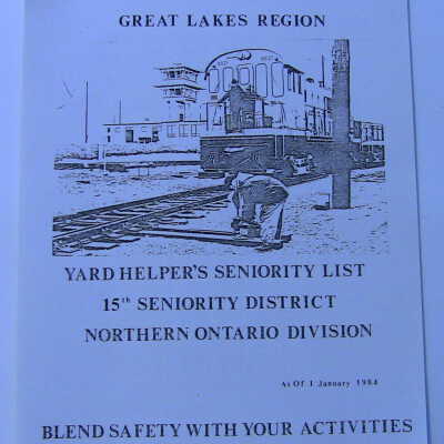 CN Rail Great Lakes Region Yard Helper's Seniority List, 15th Seniority District, Northern Ontario Division, January 1986
