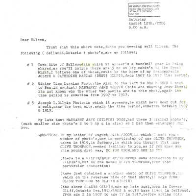 Letter from Murray Standeaven to Eileen Thompson RE Sellwood Photographs 12th August, 2006