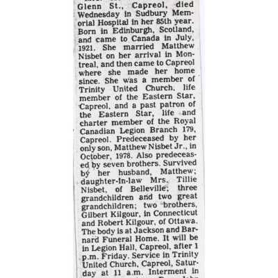 Document, Obituary, Isabella Nisbet.