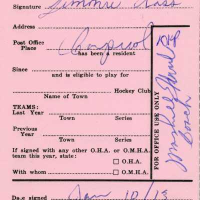 Hockey Player's Registration Card belonging to Jimmie Ross