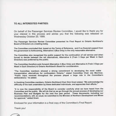 Passenger Services Review Committee Final Report to ONR, RE:Continuation of Rail Service, October 20, 1999