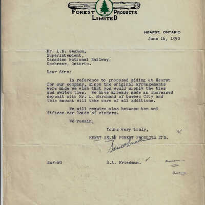 Letter from the Henry Selin Forest Products Company to the Superintendent of Canadian National's Cochrane Division regarding siding for their company