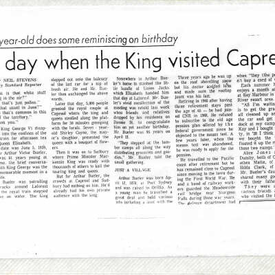 Article, "95-year-old does some reminiscing on birthday: A day when the King visited Capreol" by Neil Stevens